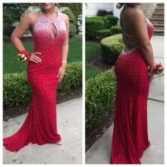Dazzling Chiffon Scoop Sleeveless Sweep Train Backless Beading Homecoming Dress Online in Red