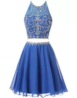 Edgy Royal Blue Halter Top Neckline Beading and Ruffles Prom Gown Sleeveless Backless