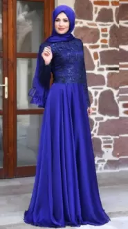 High Class Royal Blue High-neck Neckline Lace Prom Gown Long Sleeves