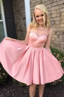 Pink A-line Beading Prom Party Dress Backless Satin Sleeveless Mini Length
