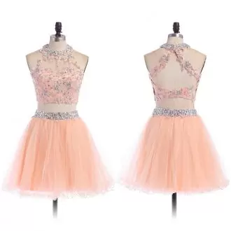 Colorful Halter Top Sleeveless Junior Homecoming Dress Mini Length Beading Peach Tulle