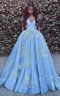 Baby Blue Ball Gowns Tulle Off The Shoulder Sleeveless Beading and Appliques With Train Backless Homecoming Dress Sweep Train