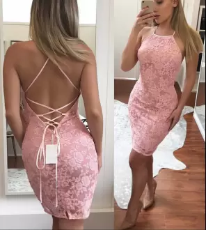 Unique Pink Sleeveless Knee Length Lace Homecoming Dress Halter Top