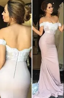 High Class Off The Shoulder Sleeveless Sweep Train Lace Up Hoco Dress White Satin Beading and Lace