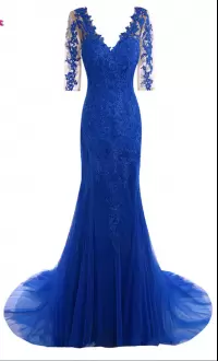 Sweet Court Train Mermaid Homecoming Dress Online Royal Blue V-neck Half Sleeves Floor Length Clasp Handle