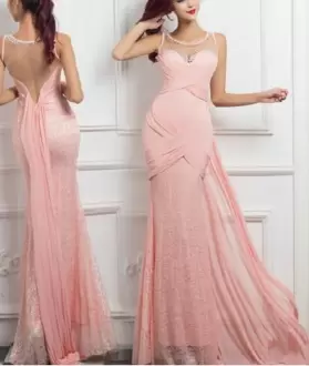 Sleeveless Floor Length Ruching Backless Hoco Dress with Pink