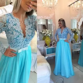 Simple Floor Length Turquoise Prom Gown Long Sleeves Beading and Appliques and Bowknot