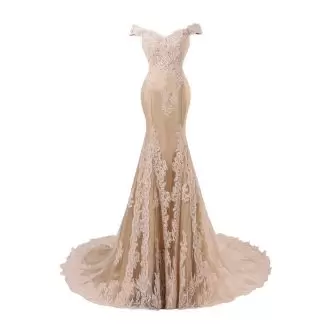 Exquisite Champagne Tulle Zipper Off The Shoulder Sleeveless With Train Homecoming Dress Sweep Train Beading and Appliques