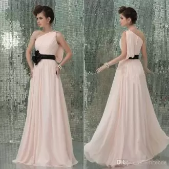 Pale Pink One Shoulder Chiffon Prom Dress with Black Belt and Bow