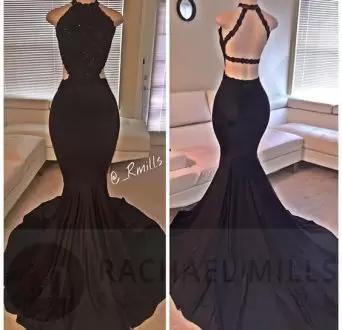 Fancy Black Sleeveless Brush Train Backless Prom Homecoming Dress for Prom and Party