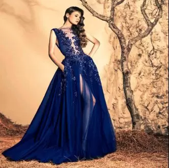 Navy Blue Long Sleeves Lace and Appliques Prom Dresses Scoop