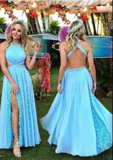 Halter Top Sleeveless Backless Dress for Prom Blue Chiffon Ruching
