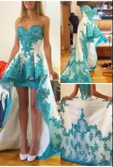 Spectacular A-line Dress for Prom Blue And White Sweetheart Tulle Sleeveless High Low Zipper