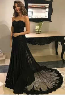 Amazing Black A-line Tulle Sweetheart Sleeveless Appliques Floor Length Lace Up Homecoming Party Dress