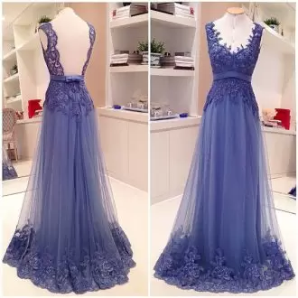 Stylish Floor Length Backless Prom Homecoming Dress Blue for Prom and Party with Lace