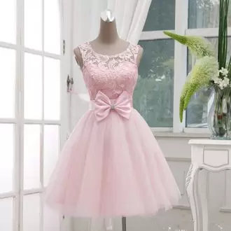 Fancy Baby Pink A-line Tulle Scoop Sleeveless Lace and Bowknot Knee Length Lace Up Prom Evening Gown