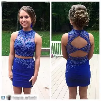 Cute Royal Blue Backless Prom Dress Sleeveless Mini Length Beading