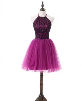 Fuchsia Lace Up Halter Top Lace Prom Gown Tulle Sleeveless