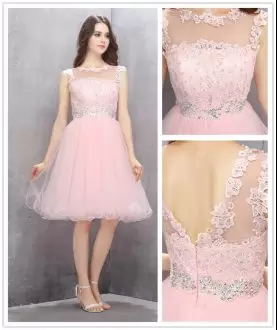 Custom Fit Pink Zipper Scoop Beading and Lace Homecoming Party Dress Tulle Sleeveless