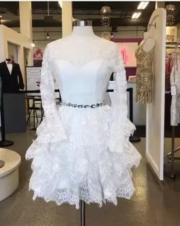 Flirting White High-neck Beading and Ruffles Prom Party Dress Long Sleeves