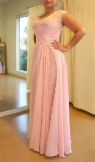 Pink Cap Sleeves Lace Floor Length Evening Dress Prom Dress