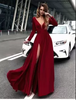 Clearance V-neck Long Sleeves Clasp Handle Prom Evening Gown Burgundy Chiffon Ruching