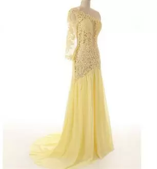 Lace Homecoming Dress Light Yellow Backless Half Sleeves Floor Length