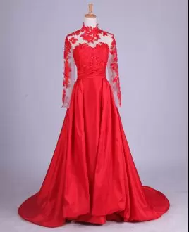 Red High-neck Illusion Long Sleeves Open Back Prom Dress Lace Sweep Train Zipper