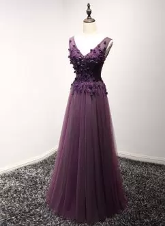 V-neck Sleeveless Prom Dress Floor Length Appliques Fuchsia Tulle