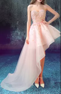 Smart Tulle Sweetheart Sleeveless Lace Up Appliques Prom Party Dress in Pink