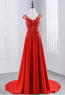 Red V-neck Beading and Appliques Illusion See Through Evening Gown with Sweep Train
