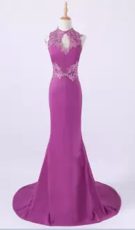 Sleeveless Appliques Zipper Prom Homecoming Dress with Fuchsia Sweep Train