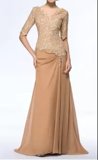 Hot Selling Half Sleeves Floor Length Lace Zipper Homecoming Dresses with Brown Sweep Train