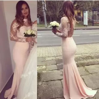 Custom Made Pink Long Sleeves Floor Length Appliques Zipper High-neck