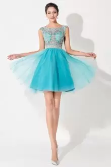 Fitting Tulle Scoop Sleeveless Zipper Beading Homecoming Party Dress in Aqua Blue
