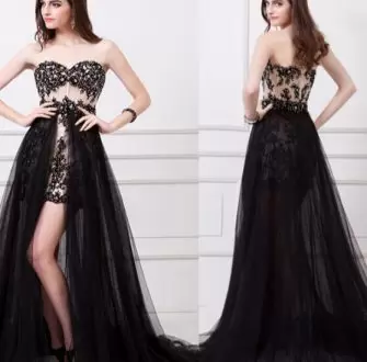 Beading and Appliques Evening Outfits Black Side Zipper Sleeveless Sweep Train