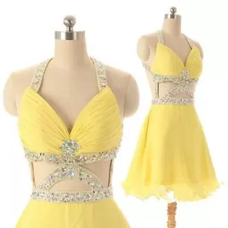 Modern Yellow A-line Chiffon Halter Top Sleeveless Beading Mini Length Junior Homecoming Dress