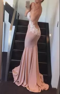 Sexy Sleeveless Lace and Appliques Backless Prom Gown with Pink Sweep Train