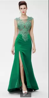 Great Sleeveless Satin Sweep Train Side Zipper Prom Evening Gown in Green with Beading and Appliques