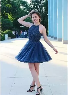 Discount Navy Blue Sleeveless Mini Length Beading Dress for Prom Halter Top