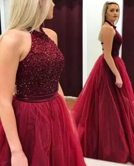 Burgundy A-line Tulle Skirt Halter Top Beading Long Backless Prom Dress
