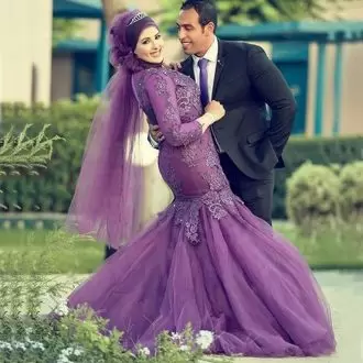 Customized Mermaid Homecoming Dress Purple High-neck Tulle Long Sleeves Floor Length Zipper