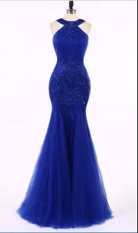 Floor Length Zipper Evening Dress Royal Blue for Prom and Party with Beading
