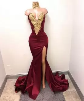 Burgundy Sleeveless Sweep Train Lace Up Prom Homecoming Dress for Prom and Party and Military Ball