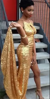Custom Fitted Sequined Halter Top Mermaid Sequins Homecoming Dress in Gold with Train