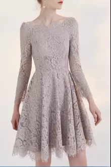 Grey A-line Lace Scoop Long Sleeves Lace Knee Length Prom Dress