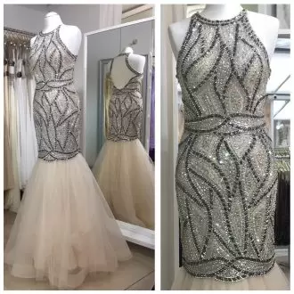 Vintage Sleeveless Floor Length Beading Backless Prom Dress with Champagne