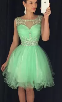 Traditional Sleeveless Tulle Mini Length Homecoming Dress in Green with Beading