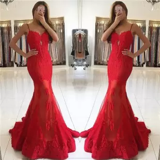 Sleeveless Sweep Train Lace Up Homecoming Gowns in Red with Appliques