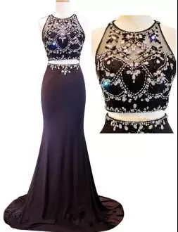 Luxury Black Scoop Beading Dress for Prom Chiffon Sleeveless Brush Train